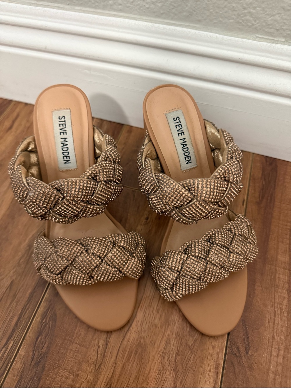 Steve Madden Braided Crystal Two-Strap Block Heel Sandals in Nude/Gold - Picture 3 of 5